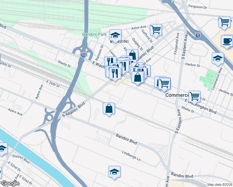 map of restaurants, bars, coffee shops, grocery stores, and more near 5200 Sheila Street in Commerce