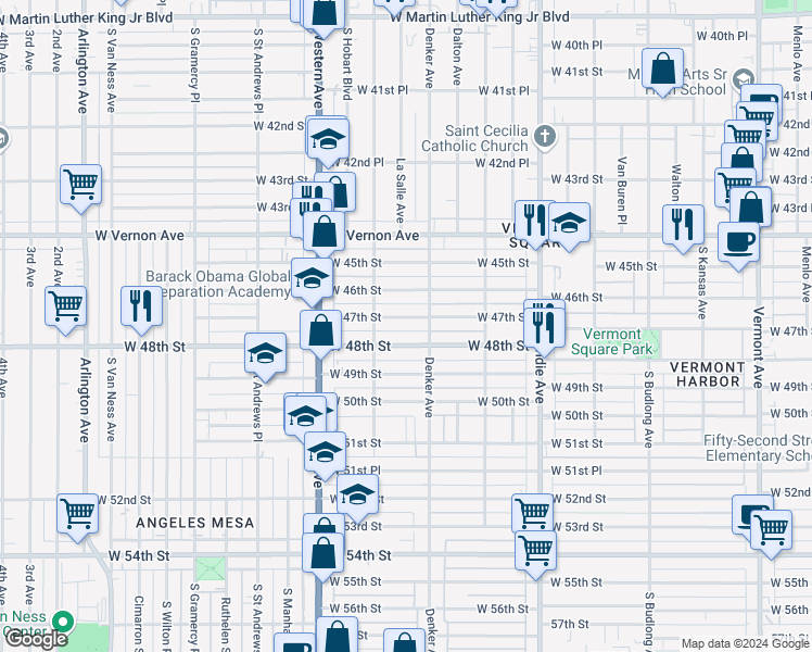 map of restaurants, bars, coffee shops, grocery stores, and more near 1558 West 47th Street in Los Angeles