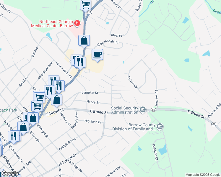 map of restaurants, bars, coffee shops, grocery stores, and more near 400 Fairview Avenue in Winder