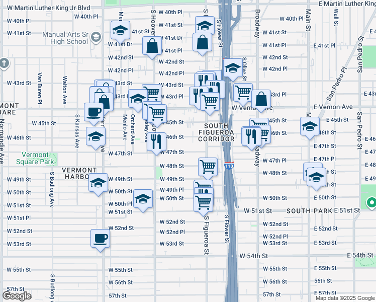 map of restaurants, bars, coffee shops, grocery stores, and more near 544 West 47th Street in Los Angeles