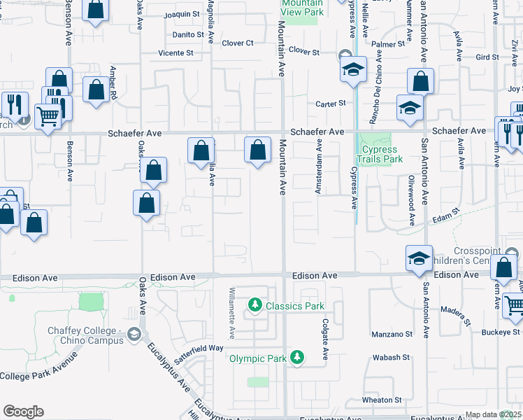 map of restaurants, bars, coffee shops, grocery stores, and more near 13950 Mountain Avenue in Chino