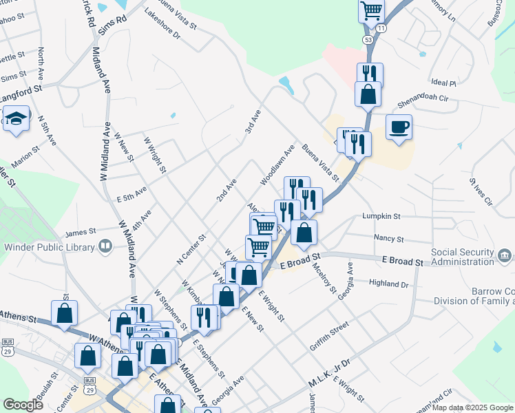 map of restaurants, bars, coffee shops, grocery stores, and more near 39 Alexander Street in Winder