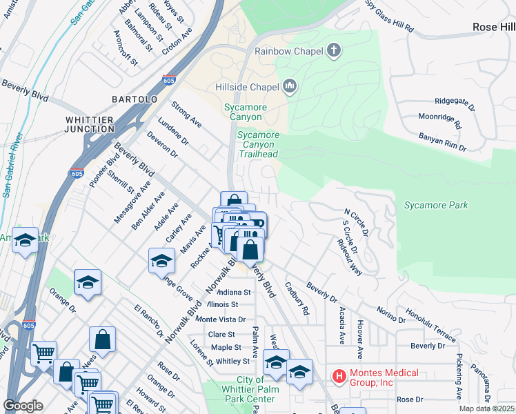 map of restaurants, bars, coffee shops, grocery stores, and more near 10640 Lisbon Court in Whittier