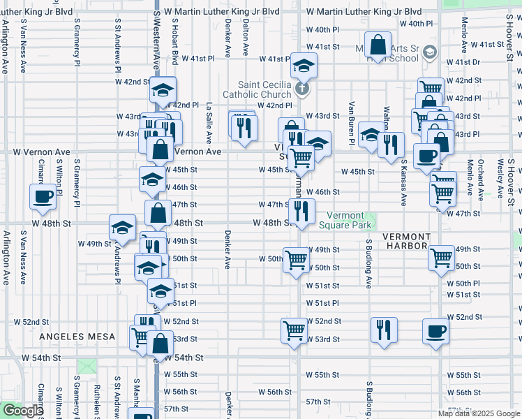 map of restaurants, bars, coffee shops, grocery stores, and more near 1464 West 47th Street in Los Angeles