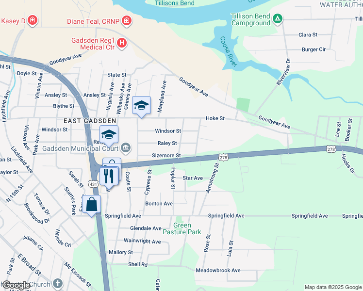 map of restaurants, bars, coffee shops, grocery stores, and more near 1215 Raley Street in Gadsden