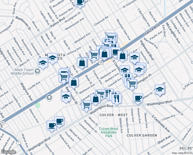 map of restaurants, bars, coffee shops, grocery stores, and more near 12602 Pacific Avenue in Los Angeles