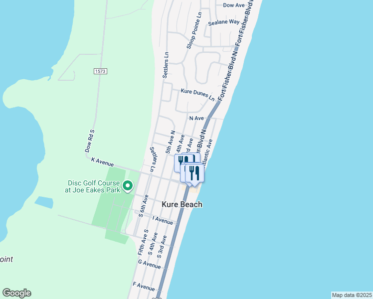 map of restaurants, bars, coffee shops, grocery stores, and more near 217 North 3rd Avenue in Kure Beach