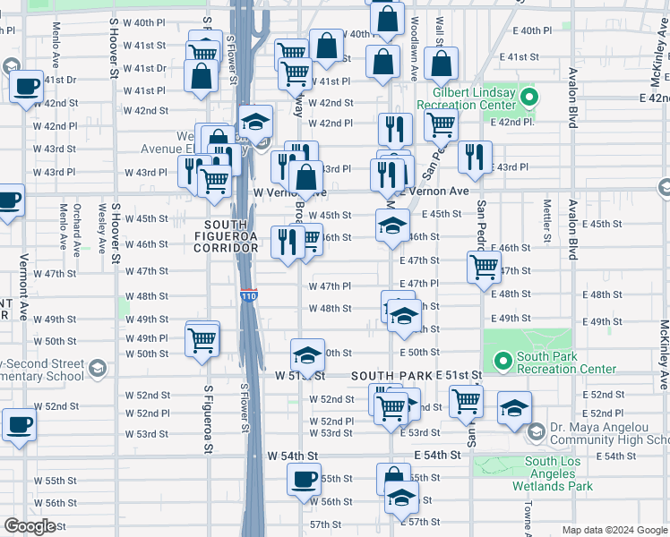 map of restaurants, bars, coffee shops, grocery stores, and more near 210 West 47th Street in Los Angeles