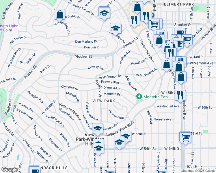 map of restaurants, bars, coffee shops, grocery stores, and more near 3876 Olympiad Drive in View Park-Windsor Hills