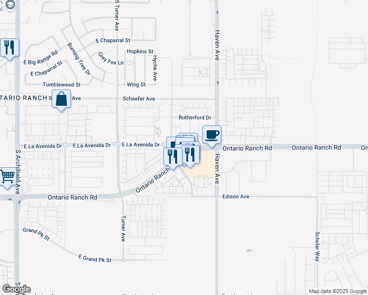 map of restaurants, bars, coffee shops, grocery stores, and more near 3330 East Yountville Drive in Ontario