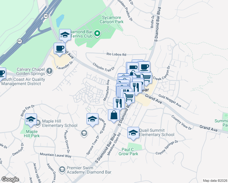 map of restaurants, bars, coffee shops, grocery stores, and more near 23060 Paseo De Terrado in Diamond Bar