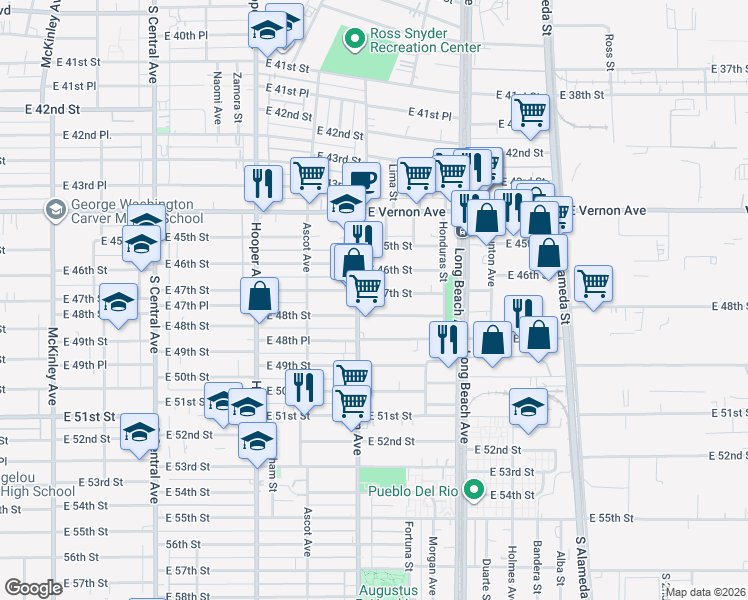map of restaurants, bars, coffee shops, grocery stores, and more near 1557 East 48th Street in Los Angeles
