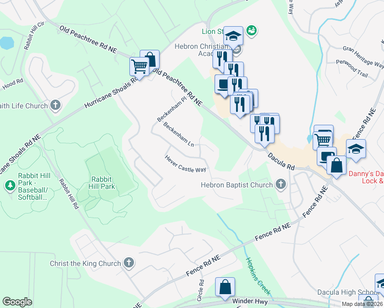 map of restaurants, bars, coffee shops, grocery stores, and more near 2135 Beckenham Place in Dacula