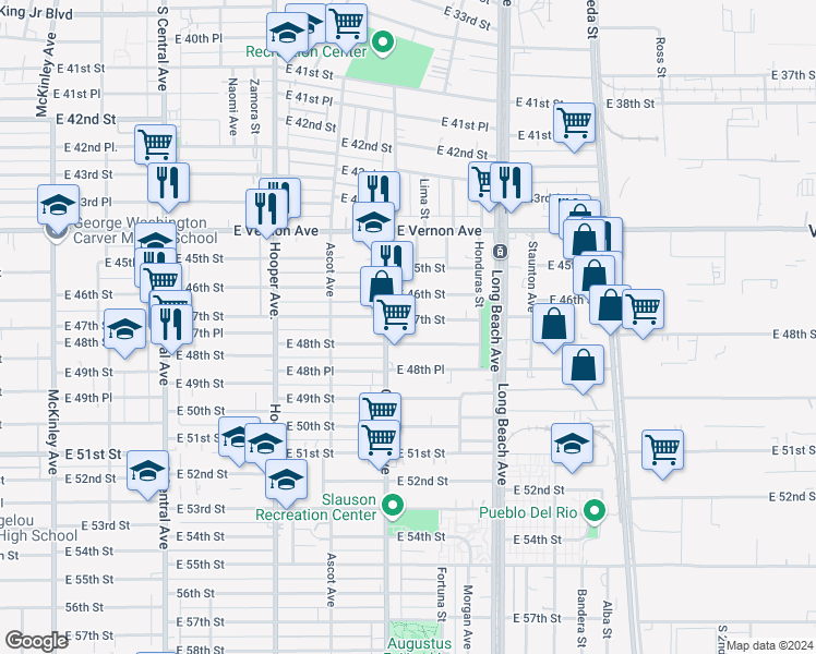 map of restaurants, bars, coffee shops, grocery stores, and more near 1534 East 47th Street in Los Angeles