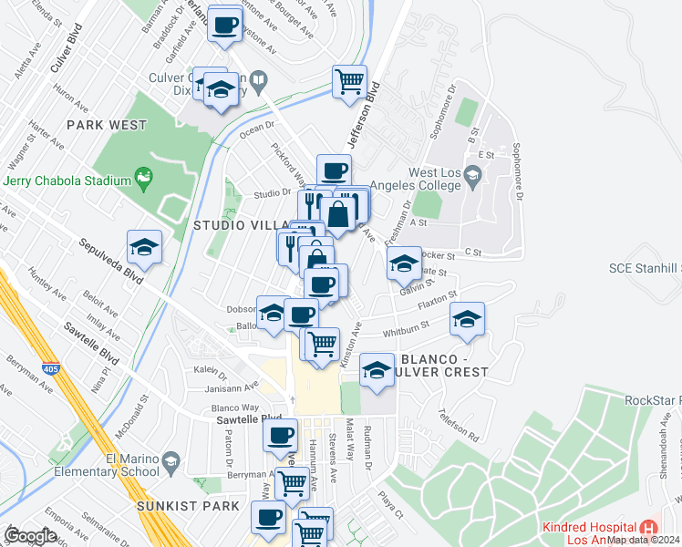 map of restaurants, bars, coffee shops, grocery stores, and more near 5458 Kinston Avenue in Culver City