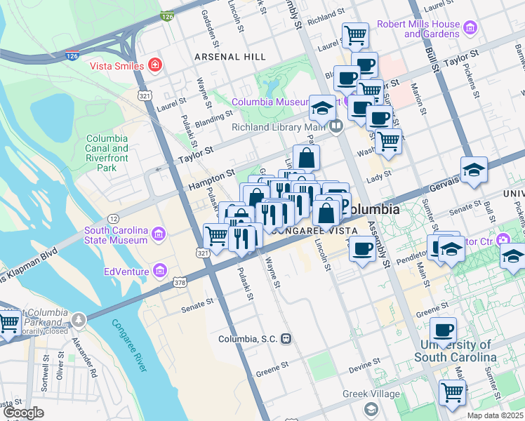 map of restaurants, bars, coffee shops, grocery stores, and more near 701 Lady Street in Columbia