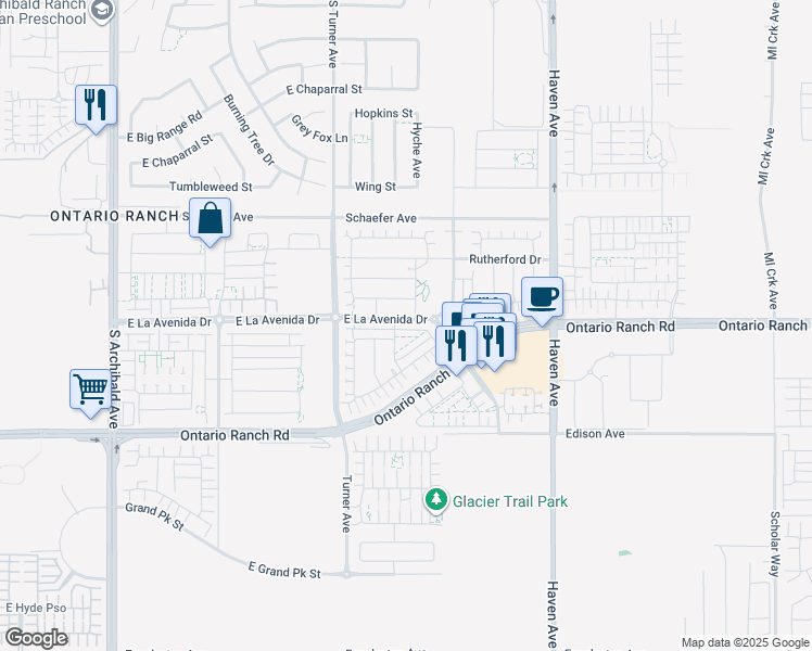 map of restaurants, bars, coffee shops, grocery stores, and more near 3234 East La Avenida Drive in Ontario