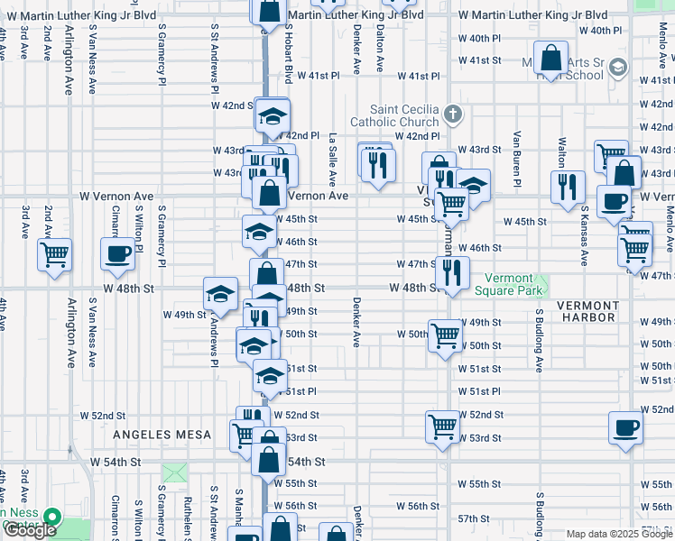 map of restaurants, bars, coffee shops, grocery stores, and more near 1558 West 47th Street in Los Angeles
