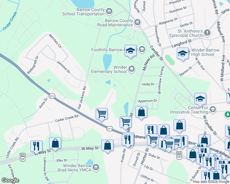 map of restaurants, bars, coffee shops, grocery stores, and more near 135 Mears Street in Winder