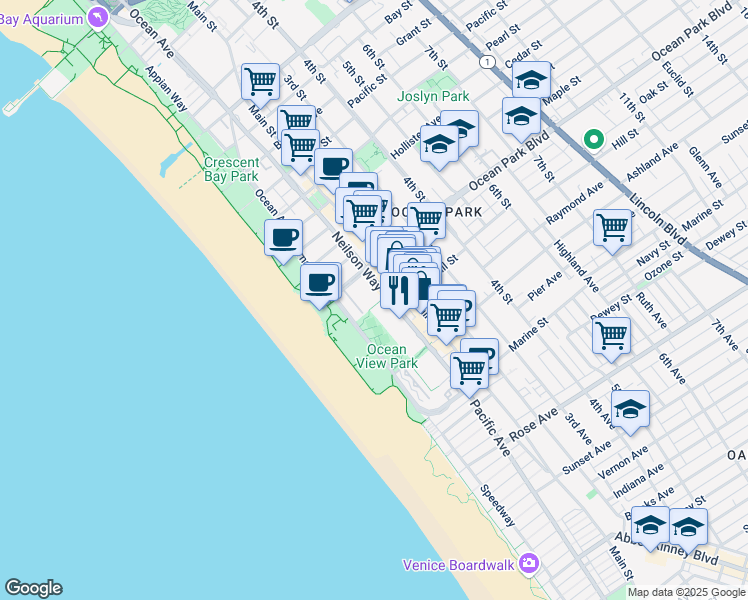 map of restaurants, bars, coffee shops, grocery stores, and more near 270 Neilson Way in Santa Monica