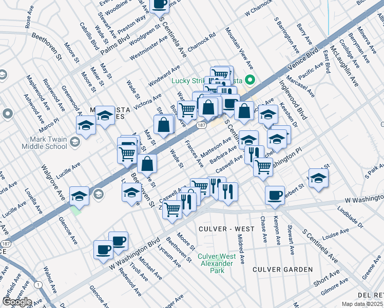 map of restaurants, bars, coffee shops, grocery stores, and more near 12602 Pacific Avenue in Los Angeles