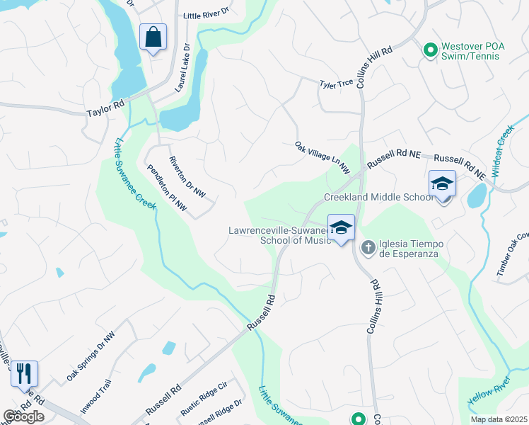 map of restaurants, bars, coffee shops, grocery stores, and more near 115 Russell Road in Lawrenceville