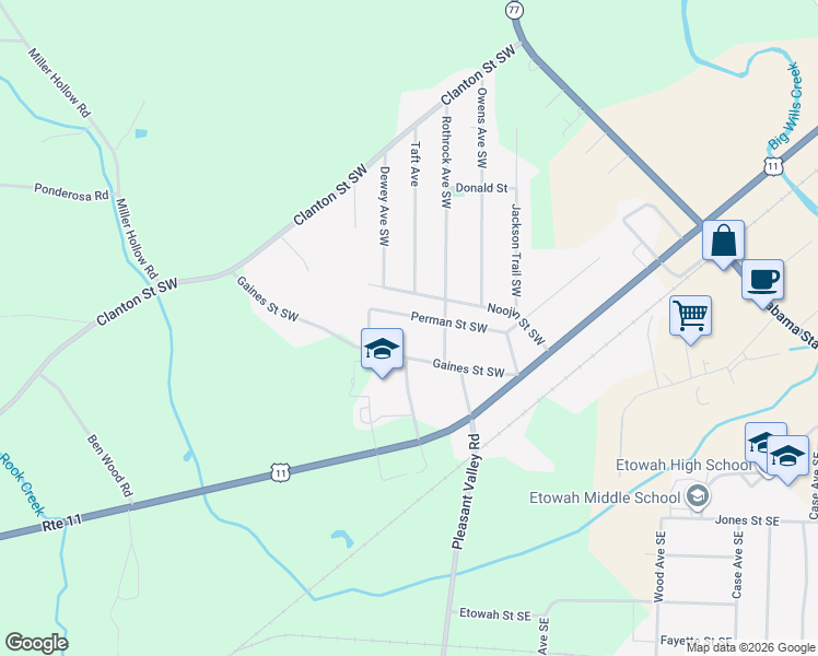 map of restaurants, bars, coffee shops, grocery stores, and more near 516 Perman Street Southwest in Attalla