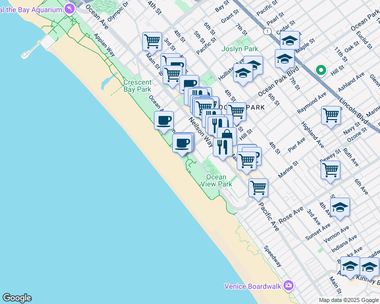 map of restaurants, bars, coffee shops, grocery stores, and more near 140 Ocean Park Boulevard in Santa Monica