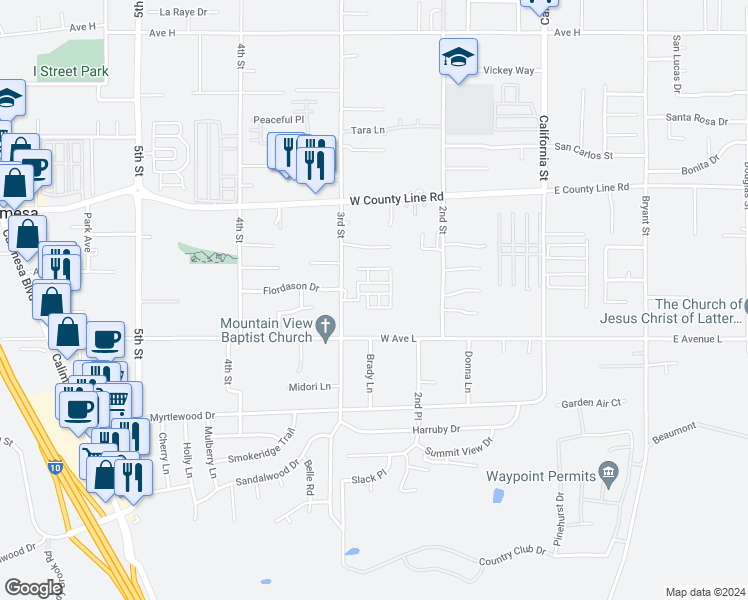 map of restaurants, bars, coffee shops, grocery stores, and more near 1001 3rd Street in Calimesa