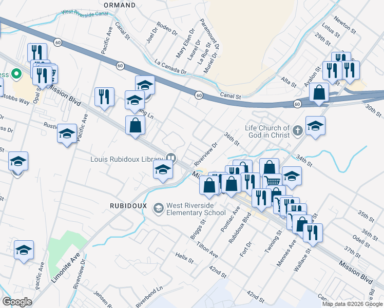map of restaurants, bars, coffee shops, grocery stores, and more near 5803 Mission Boulevard in Riverside