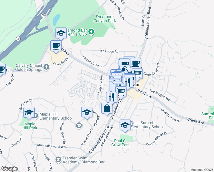 map of restaurants, bars, coffee shops, grocery stores, and more near 23080 Montefino Avenue in Diamond Bar
