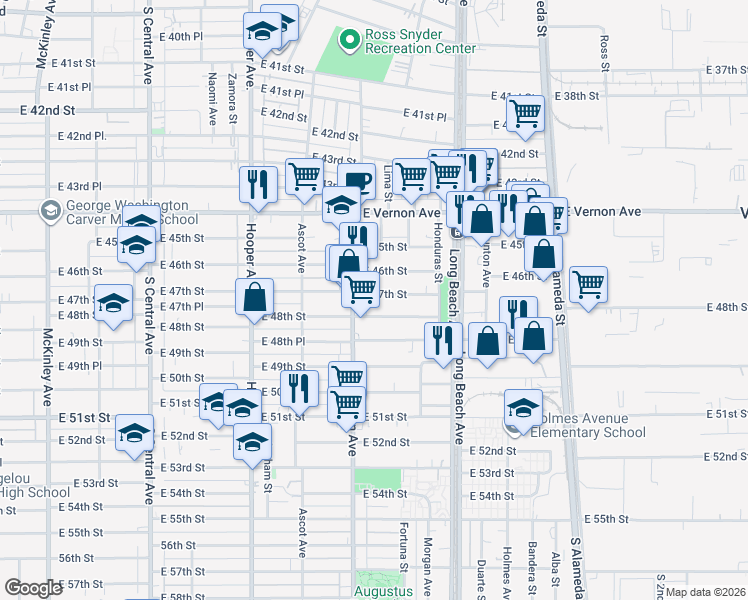 map of restaurants, bars, coffee shops, grocery stores, and more near 1557 East 48th Street in Los Angeles