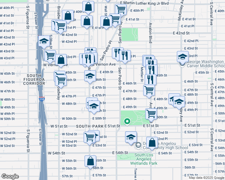 map of restaurants, bars, coffee shops, grocery stores, and more near 289 East 47th Place in Los Angeles