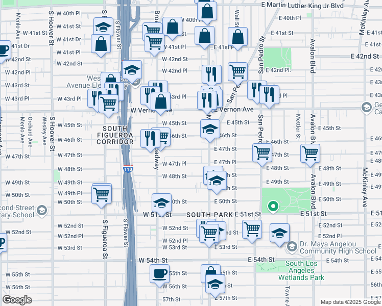 map of restaurants, bars, coffee shops, grocery stores, and more near 129 West 47th Place in Los Angeles