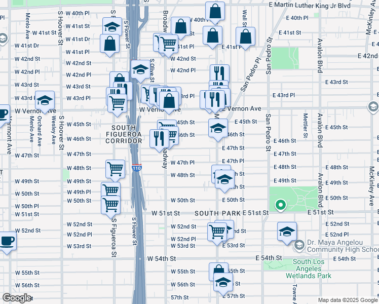 map of restaurants, bars, coffee shops, grocery stores, and more near 206 West 47th Street in Los Angeles