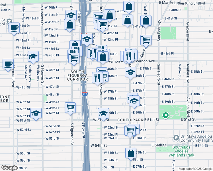 map of restaurants, bars, coffee shops, grocery stores, and more near 4710 South Broadway in Los Angeles