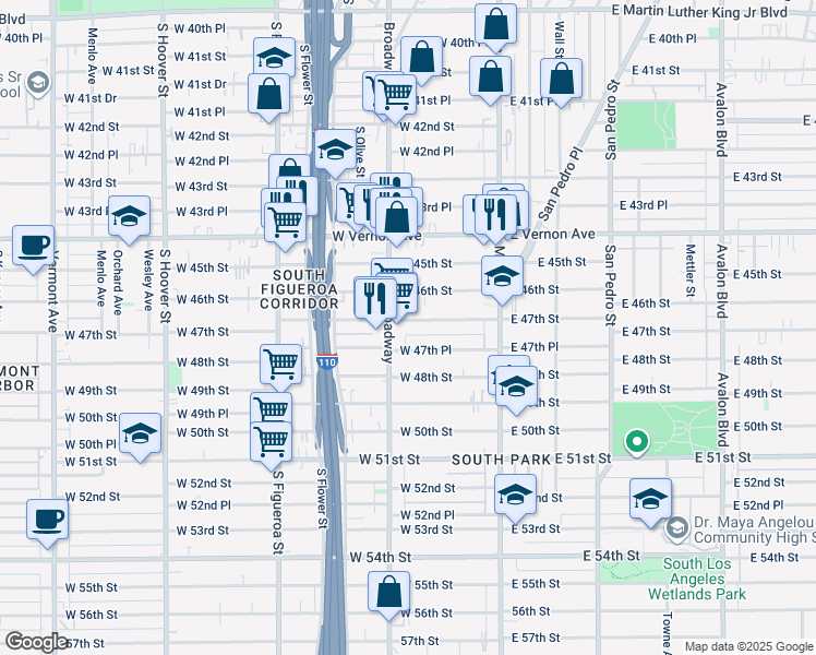 map of restaurants, bars, coffee shops, grocery stores, and more near 4710 South Broadway in Los Angeles