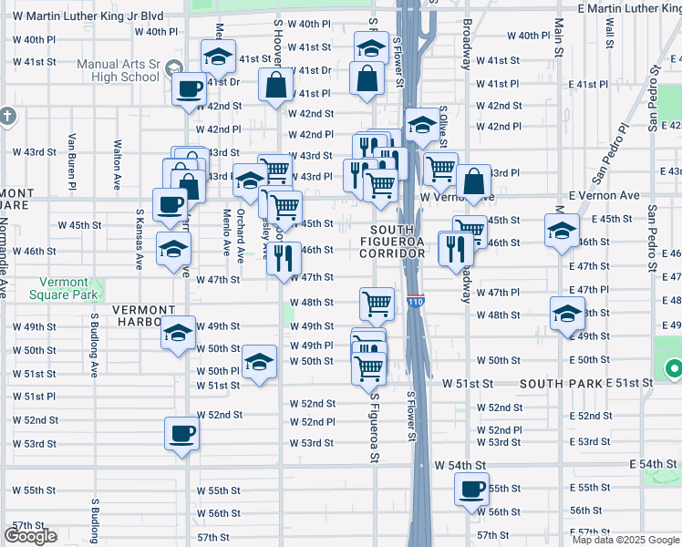 map of restaurants, bars, coffee shops, grocery stores, and more near 544 West 47th Street in Los Angeles