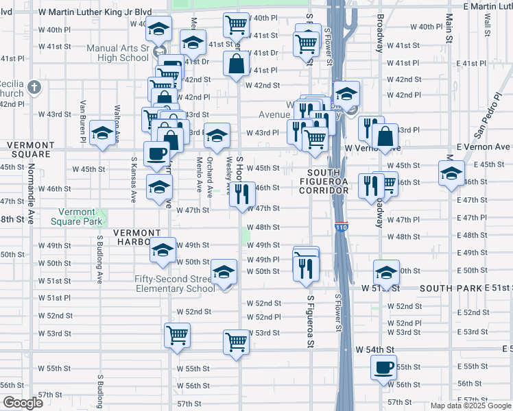 map of restaurants, bars, coffee shops, grocery stores, and more near 636 West 47th Street in Los Angeles