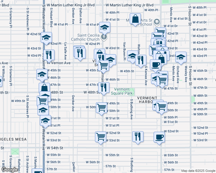 map of restaurants, bars, coffee shops, grocery stores, and more near 1326 West 47th Street in Los Angeles