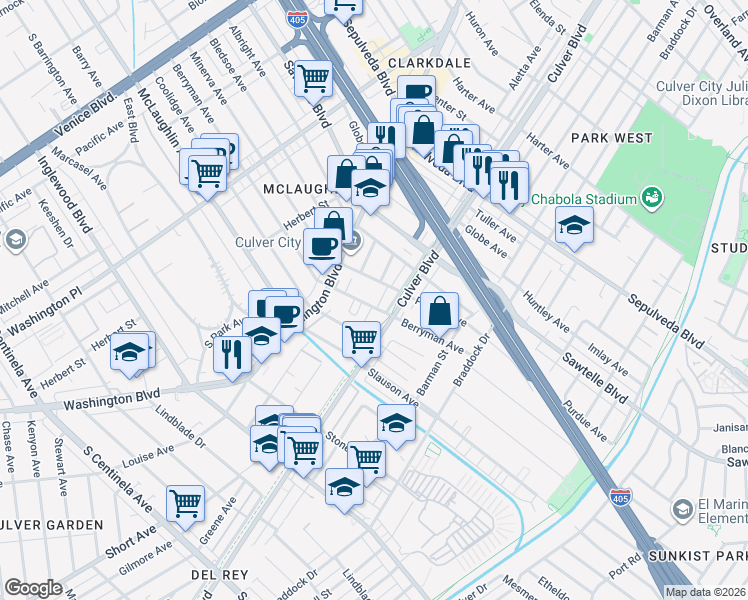 map of restaurants, bars, coffee shops, grocery stores, and more near 4361 Berryman Avenue in Los Angeles