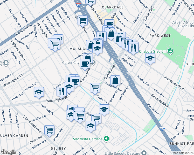 map of restaurants, bars, coffee shops, grocery stores, and more near 4361 Berryman Avenue in Los Angeles
