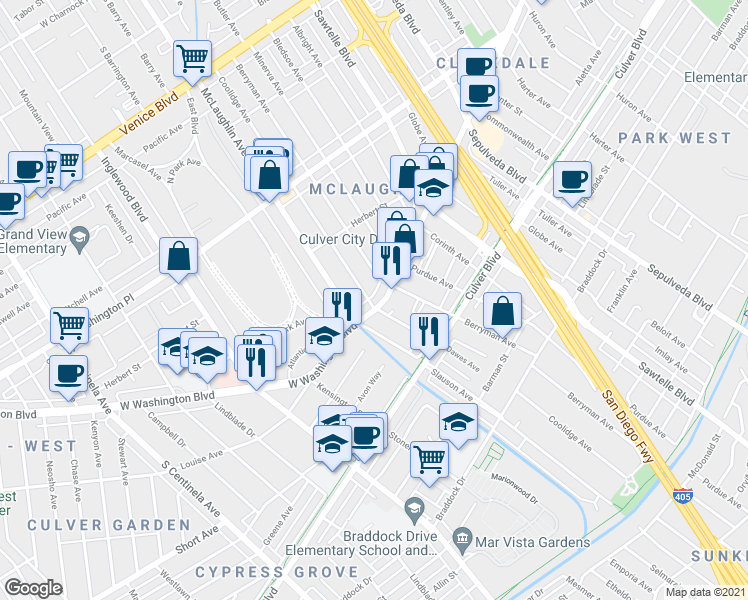 map of restaurants, bars, coffee shops, grocery stores, and more near 11609 Washington Boulevard in Los Angeles