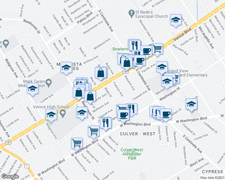 map of restaurants, bars, coffee shops, grocery stores, and more near 12634 Pacific Avenue in Los Angeles