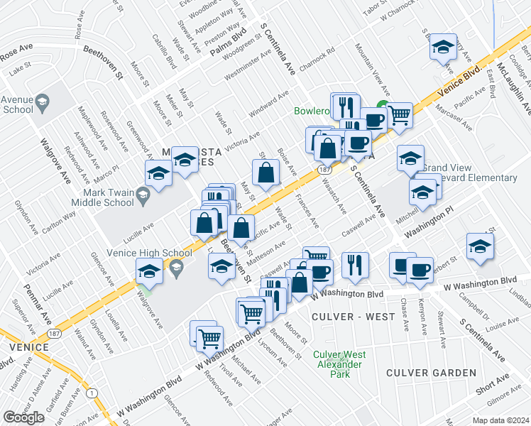 map of restaurants, bars, coffee shops, grocery stores, and more near 12732 Venice Boulevard in Los Angeles