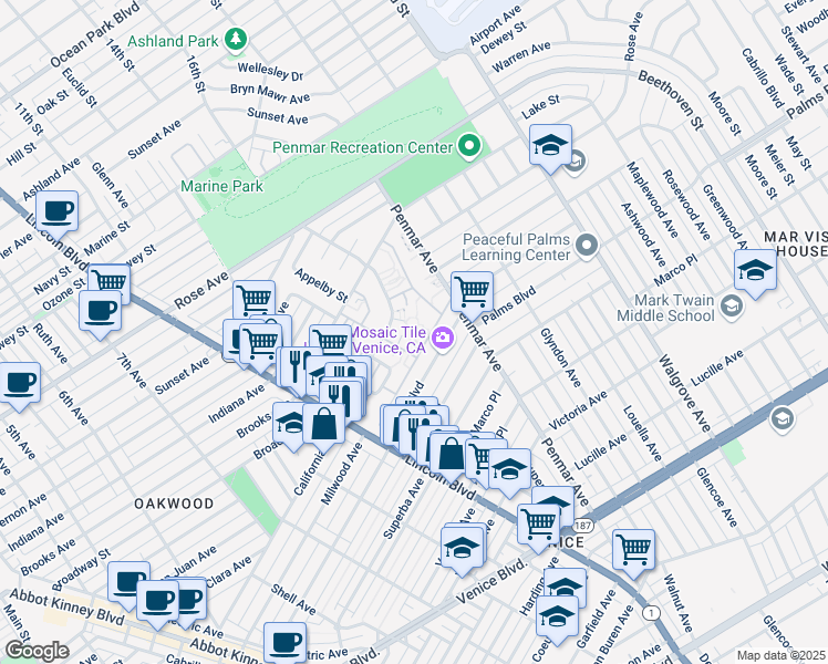 map of restaurants, bars, coffee shops, grocery stores, and more near 1425 Elkgrove Circle in Los Angeles