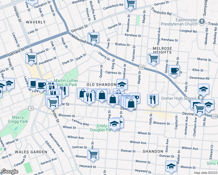 map of restaurants, bars, coffee shops, grocery stores, and more near 819 King Street in Columbia