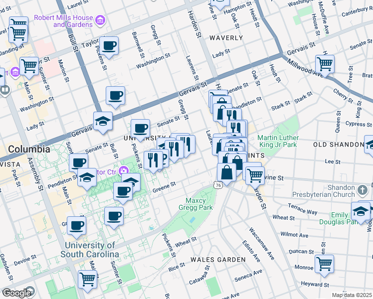 map of restaurants, bars, coffee shops, grocery stores, and more near 15 Gibbes Court in Columbia