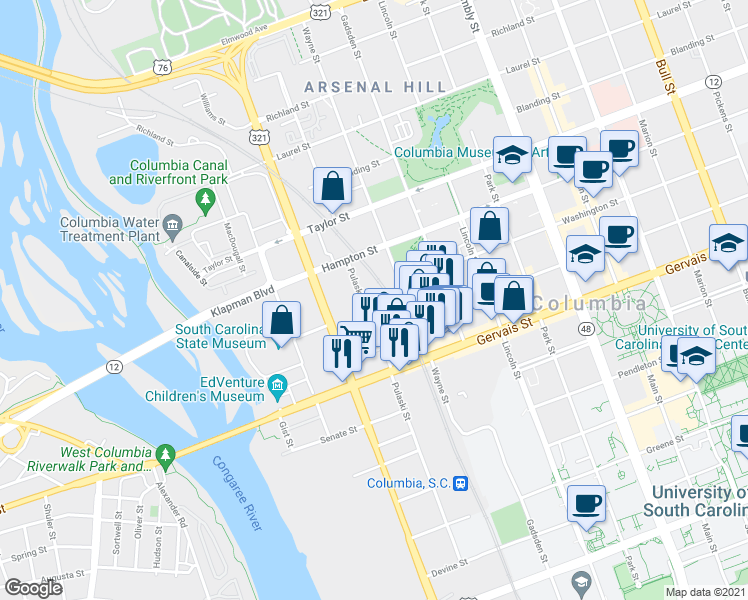 map of restaurants, bars, coffee shops, grocery stores, and more near 106 Pulaski Street in Columbia