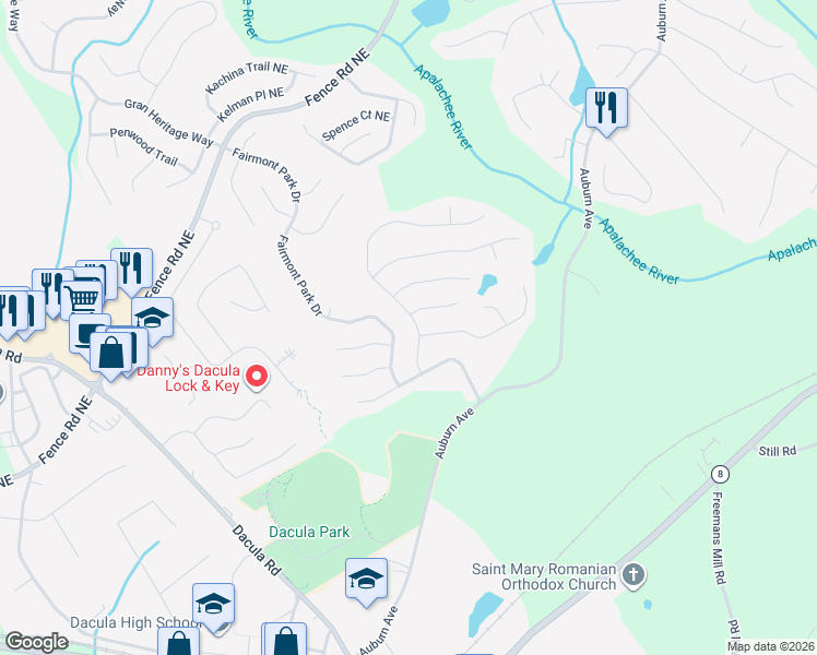 map of restaurants, bars, coffee shops, grocery stores, and more near 260 Ballyshnnon Drive in Dacula